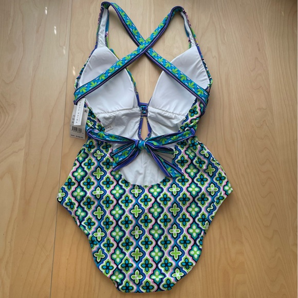 NWT Trina Turk One Piece Swimsuit Size 16 Aqua Purple Pink Yellow Padded Bra - Picture 3 of 8